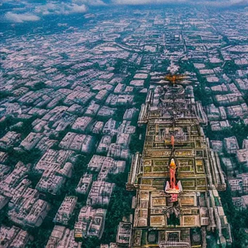 Image similar to remarkable airplane view of a cyberpunk mayan city in guatemala and it is graced by a huge sacred futuristic cyberpunk temple