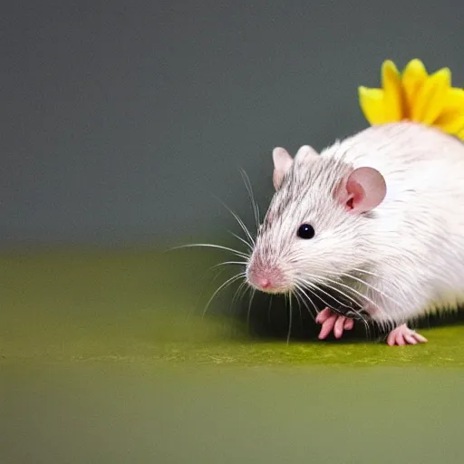 Image similar to photo realistic white rat holding a flower