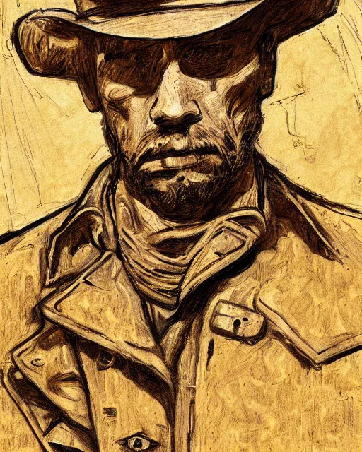 Image similar to an extremely detailed masterpiece portrait of a 1 8 9 0's gunslinger, in the style of frank auerbach, digital art