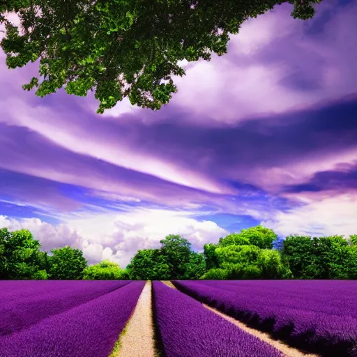 Image similar to photo of a desk on a purple field blue clouds