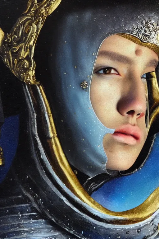 Image similar to hyperrealism oil painting, close - up portrait of caucasian medieval fashion model, knight, steel gradient mixed with nebula sky, in style of baroque mixed with 7 0 s japan book art