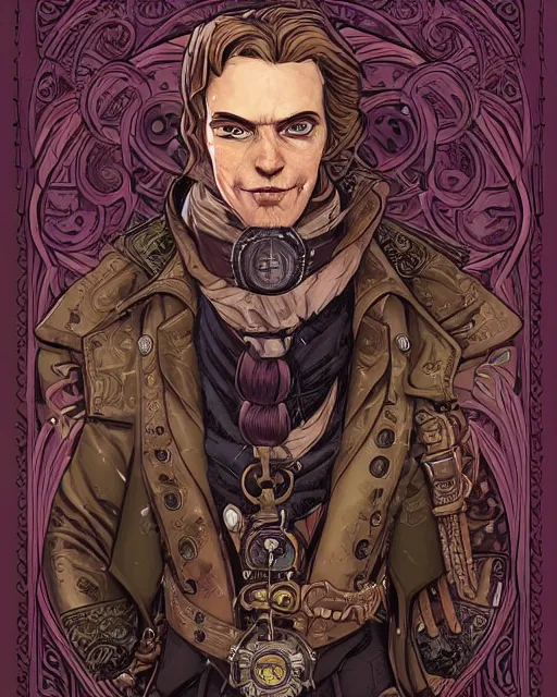 Image similar to a detailed portrait illustration of a steampunk wizard - rogue. beautiful feminine male face. art nouveau, pop art, comic book style. influenced by neil gaiman, h. p. lovecraft, dan mumford, farel dalrymple, vadim voitekhovitch, killian eng, ross tran.