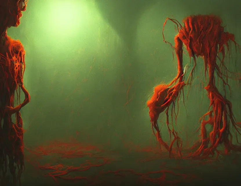 Prompt: psychological horror movie still, amorphous life form creeping. complementary colors, oil painting, indie concept art, bloom, chiaroscuro, backlighting, intricate details.