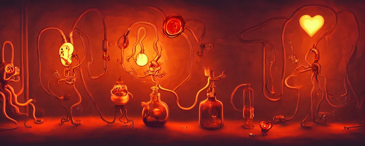 Image similar to whimsical weird chthonic alchemist creatures inside a visceral arterial alchemical lab within the left ventricle of a human heart, dramatic lighting fiery red lighting, surreal fleischer cartoon characters, surreal painting by ronny khalil