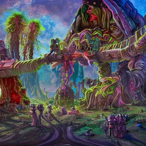 Image similar to extraterrestrial wedding in village on ancient post - apocalyptic planet, jim henson creature shop, vivid and colorful, cinematic, oil painting, highly detailed, illustration