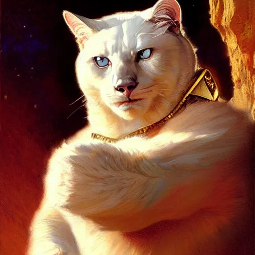 Image similar to a portrait of a manly bear white cat feline, blue eyes, star trek the next generation. highly detailed painting by gaston bussiere, craig mullins, j. c. leyendecker, furry