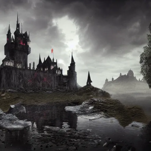 Prompt: a surreal elaborate dark gothic stone castle built over a lake at midnight with a second upside-down castle looming in the clouds above it, dramatic lighting, concept art, hyperdetailed, 4k