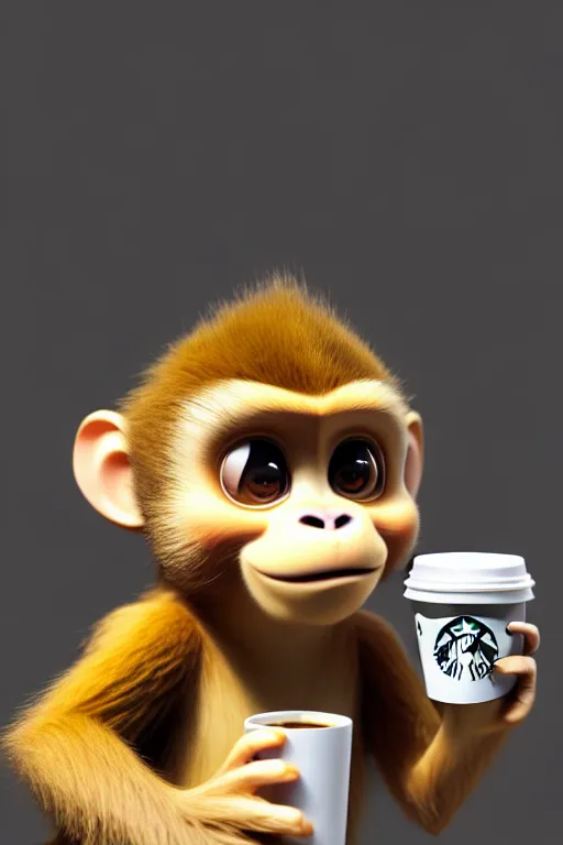 Prompt: high quality 3 d render hyperrealist very cute monkey with a starbucks coffee, vray smooth, in the style of detective pikachu, hannah yata, very dramatic light, low angle, uhd 8 k, shallow depth or field