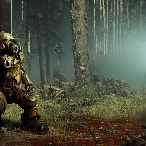 Image similar to A zombie bear attacks a man in power armor with a minigun in his hands against the background of a radioactive forest, graphics, fallout 4 render, 3d computer render, maximum details, rain, night, spotlight,