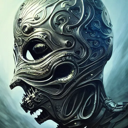 Prompt: Very very very very highly detailed epic photo of full face with scary venetian mask, intricate, dystopian, sci-fi, extremely detailed, digital painting, artstation, concept art, smooth, sharp focus, illustration, intimidating lighting, incredible art by Artgerm and Vincent di Fate and Anton Pieck