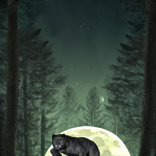 Image similar to a panther roaring at the moon in a forest during the night, large moon in the center. trending on artstation. cinematic. photoreal. dark colors. night.