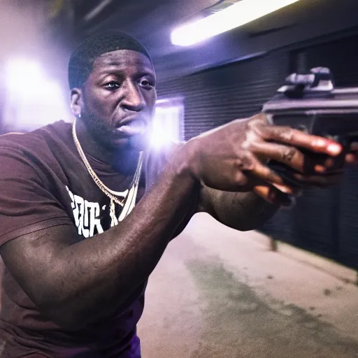 Image similar to angry gucci mane shooting and terrorizing people in the hood, 8k resolution, full HD, cinematic lighting, award winning, anatomically correct