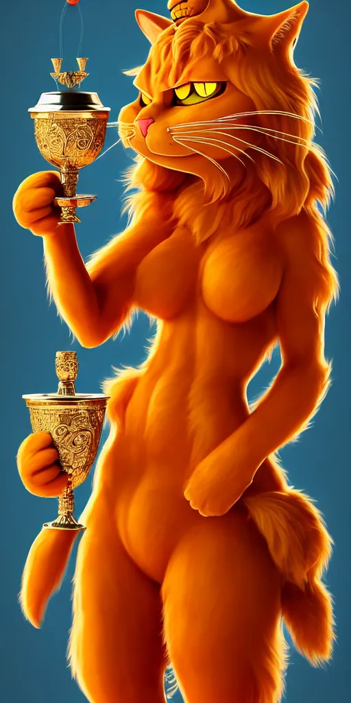 Image similar to fullbody!! personification of garfield the cat garfield goddess holding a blood chalice, detailed, stunning, garfield cat face, hyperrealistic, trending on artstation, smooth and sharp, intricate, highly detailed, elegant, professional character concept art by tatyana kupriyanova