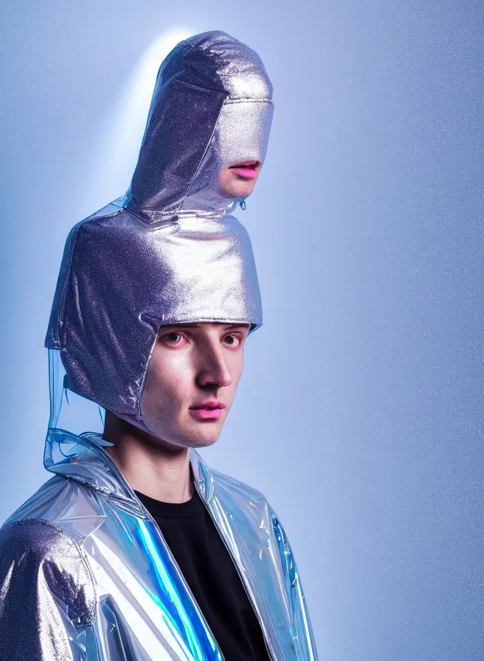 Image similar to an ultra high definition professional studio quality photograph of an artificially intelligent android influencer with silver skin wearing a transparent iridescent pastel coloured visor and matching wavey raincoat on white hook in a sheer icelandic black rock environment. three point light. dramatic lighting. volumetric shadows. light rays