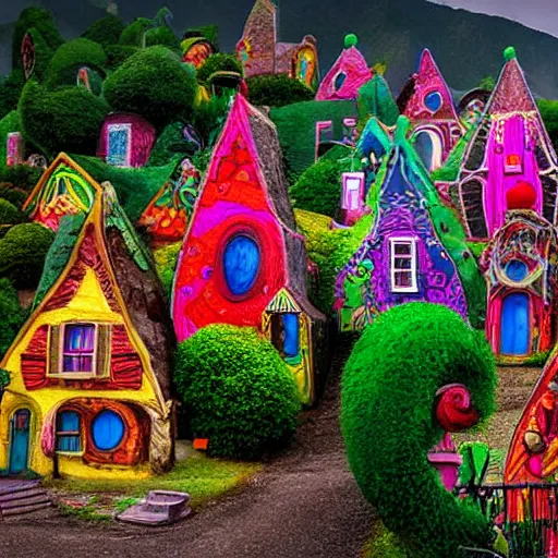Image similar to a phantasy village with colorful buildings designed by Tim Burton
