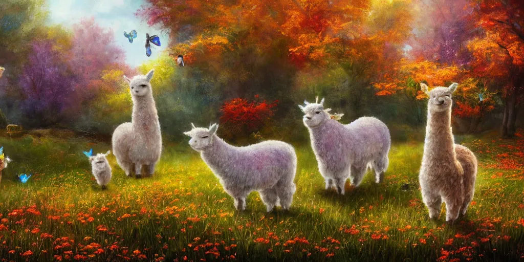 Prompt: detailed fairy alpacas with butterfly wings in an autumn meadow, fantasy, vibrant, magical, fantasy, 8 k, high quality, oil painting, digital art, trending on artstation