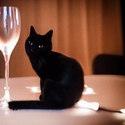 Image similar to a photo of a black cat drinking expensive champagne in a fancy dark bar, mood lighting, underexposed, f 1. 8, iso 1 6 0 0