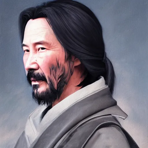 Prompt: portrait painting of a 6 0 year old kind handsome taoist priest ， looks like keanu reeves ， silver ponytail hair, amiable by yangjun chen, nadar, bright colors, octopath traveler, unreal engine 5 highly rendered, global illumination, radiant light, detailed and intricate environment