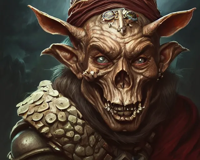 Prompt: a mind - blowing portrait of a goblin chieftain, wearing a human skull as a hat, deep focus, d & d, fantasy, intricate, elegant, highly detailed, digital painting, artstation, concept art, matte, sharp, illustration, hearthstone, art by artgerm and greg rutkowski and alphonse mucha