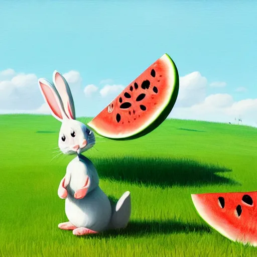 Image similar to a cute rabbit eating watermelon on the green meadow, a storybook illustration by goro fujita