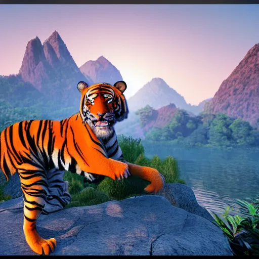 Prompt: hybrid of tiger and dragon, majestic, mountain and river in background, deviantart, global illumination radiating a glowing aura global illumination ray tracing hdr render in unreal engine 5