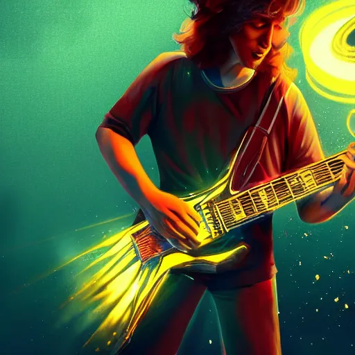 Image similar to a guitarist playing so intensely there is electricity shooting out from his guitar, energy beams under his finger tips, and magic sparkles from the freboard, amazing ditial art, trending on artstation, featured on deviantart