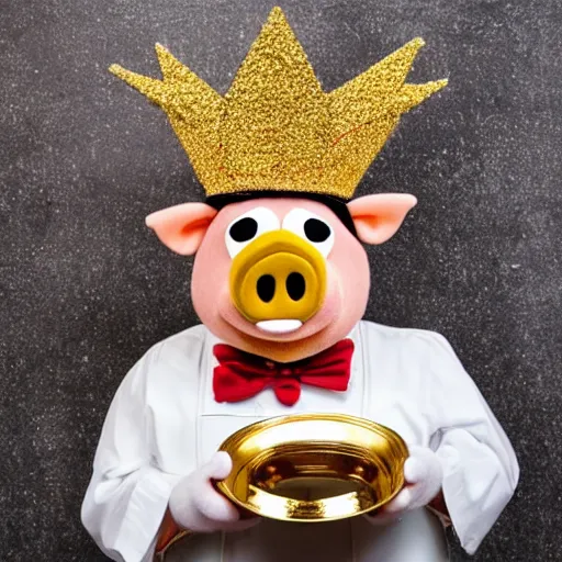 Prompt: pig waiter wearing a gold crown as a Muppet holding a silver platter 8k