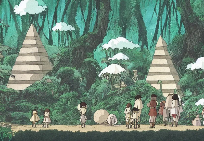 Image similar to a movie still from a studio ghibli film showing several large white pyramids in a swampy jungle. by studio ghibli