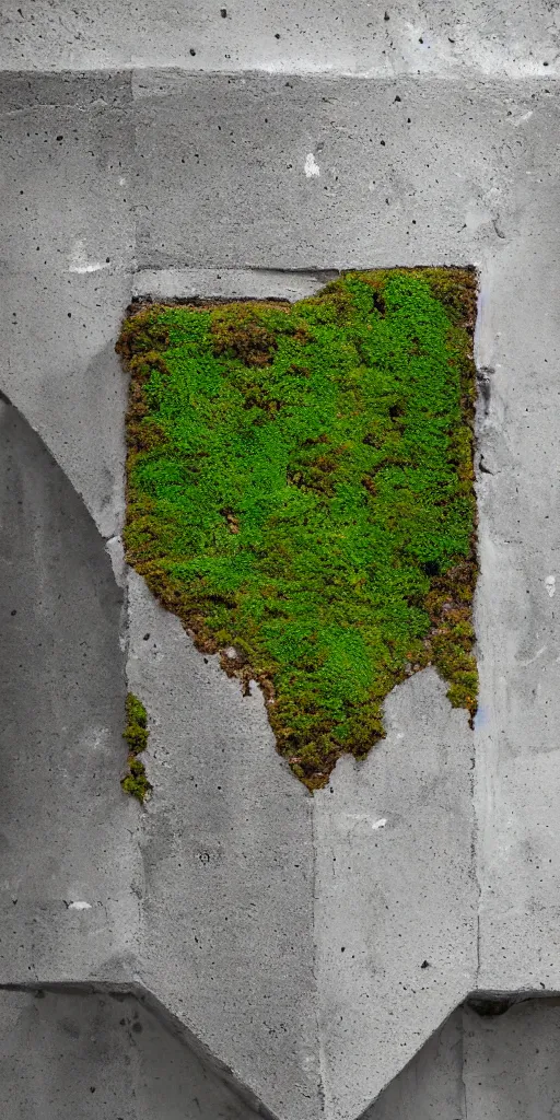 Prompt: a highly eroded cast block of concrete. The block is a minimalist contemporary house with large windows. The concrete has large holes and deep crevices. The block is standing upright. The block is centered in the frame. The block has a urban background. Moss is growing in the hundreds of eroded crevices.