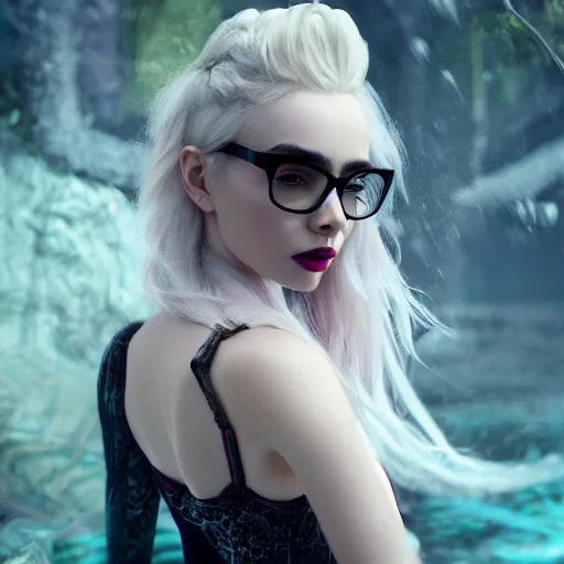 Prompt: abeautiful + blonde + dragon queen + white hair + cool black glasses + holding pistol + tights + lily collins + black pink + lisa, floating under the deep dream water, beautiful smooth soft light + white petal, oil paint, cinematic lighting, octane render, unreal engine 5, closeup, 4 k, highly detailed, instagram,