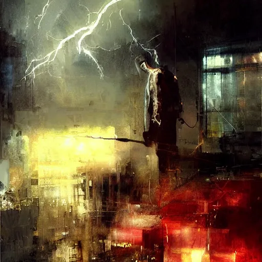 Image similar to knight holds lightning in his hand bolts of lighting everywhere, realistic, ultrahd, jeremy mann painting