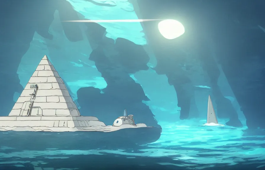 Prompt: a realistic studio ghibli cell - shaded cartoon showing a futuristic submarine swimming in front of a white pyramid underwater at the bottom of the sea. shafts of sunlight come from above. wide shot, very dull muted colors, hd, 4 k, hq