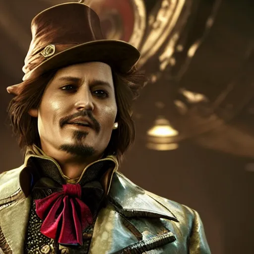 Prompt: johnny depp as willy wonka in gears of war, splash art, movie still, cinematic lighting, dramatic, octane render, long lens, shallow depth of field, bokeh, anamorphic lens flare, 8k, hyper detailed, 35mm film grain