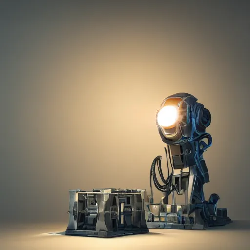 Prompt: maximalist render of a machine the size of a mountain standing alone in a dark room light by a spotlight, V-Ray, Octane Render, Unreal Engine, 8k