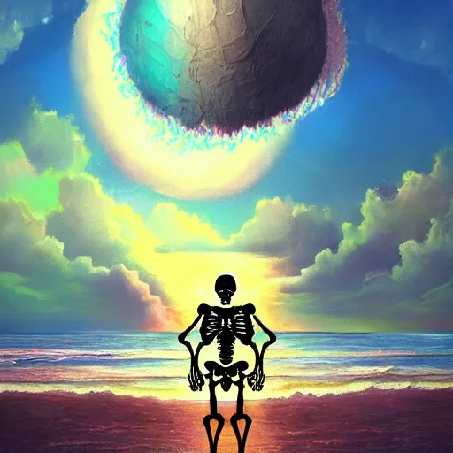 Image similar to Beautiful digital painting portrait of relaxed skeleton walking on the tropical beach with nuclear bomb explosion on the ocean in the background, high quality, trending on Artstation, highly detailed big nuclear explosion in the background, realistic, tropical color scheme, anatomically correct skeleton, high coherence, beautiful aesthetic lighting