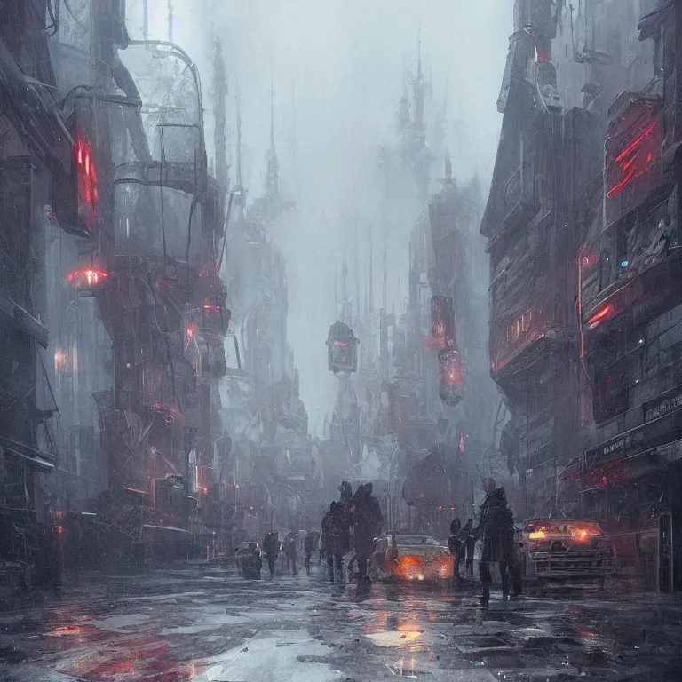 Image similar to cyberpunk depiction of the city of gdansk during arctic conditions by greg rutkowski