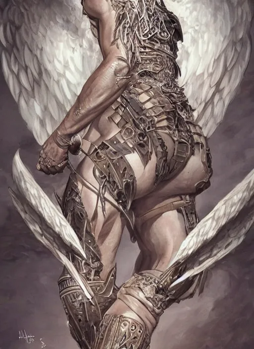 Image similar to Portrait of Ratajkowski as an angel warrior legs, completely covered by armour and runes , angelical runes tattooed all over his legs, intricate down body, whole body, highly detailed, digital painting, artstation, concept art, smooth, sharp focus, illustration, art by Hajime Sorayama