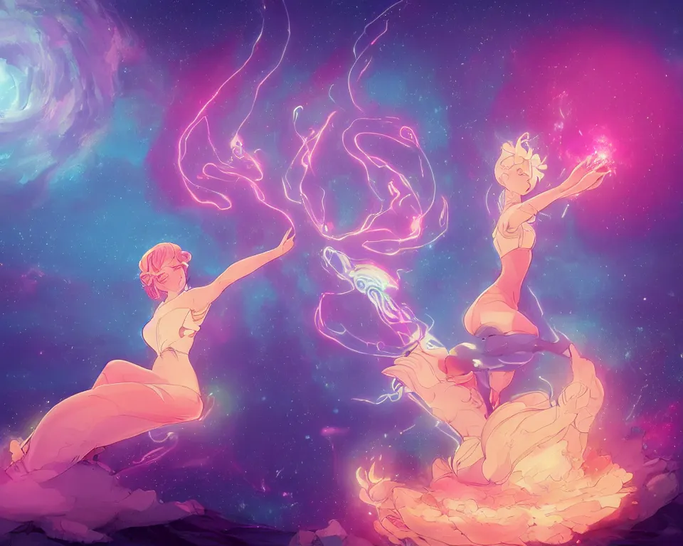 Image similar to a beautiful whimsical goddess floating above a lake basking in the moonlight, firebending, underneath a multi-colored binary blackhole with an accretion disc, glowing trails following her arms, wearing professional makeup, synthwave, by Lois van Baarle, by Greg Rutkowski, by artgerm, by beeple, by studio ghibli, cinematic angle, volumetric lighting, 4k resolution, octane render, trending on artstation, masterpiece