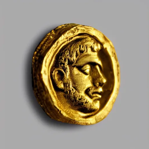 Image similar to an ancient roman gold coin with the face of the singer drake, close up photo, ultra realistic, studio photo, bokeh.