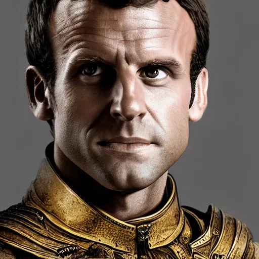 Image similar to portrait of Emmanuel Macron in fantasy armor, detailed, cinematic light, art of D&D