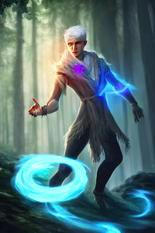 Image similar to a human elemental sorcerer, forest setting, colorful magic, male, white skin, young, sharp focus, concept art, dynamic lighting, unreal engine, by emylie boivin