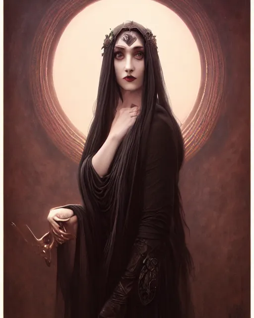 Prompt: a portrait of the Raven Queen, otherworldly beautiful, large dark eyes, dark magic, illustration, dramatic lighting, soft details, painting oil on canvas, art nouveau, octane render, HDR, 4k, 8k, HD, by Edmund Blair Leighton, Brom, Charlie Bowater, trending on artstation, Tom Bagshaw faces by otto Schmidt