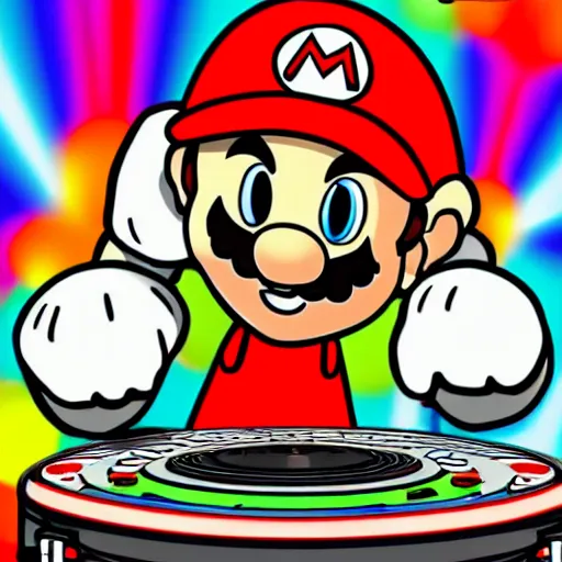 Image similar to svg sticker of a Pop-Wonder SuperMario, Mario-Wearing-a-red-hat, at a rave, spinning records, giant headphones rocking out, wearing headphones, huge speakers, dancing, rave, DJ, spinning records, digital art, amazing composition, rule-of-thirds, award-winning, trending on artstation, featured on deviantart