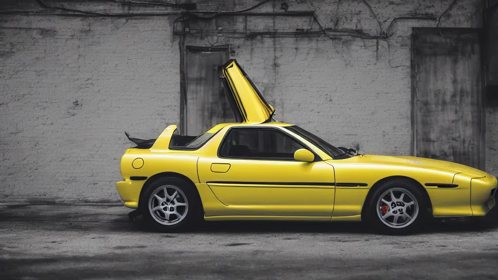 Image similar to a yellow jdm mazda rx 7, cinematic, nikon d 7 5 0, long exposure, white balance, 8 k, led, lumen global illumination, fog, ray tracing reflections, fxaa, rtx, post - production