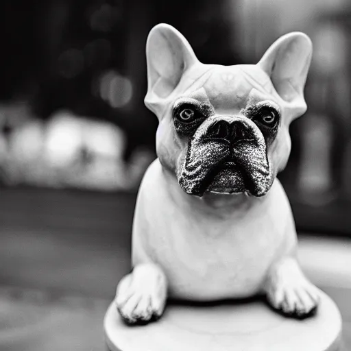 Prompt: a photo of a marble sculpture of a French bulldog, 35mm, Pentax