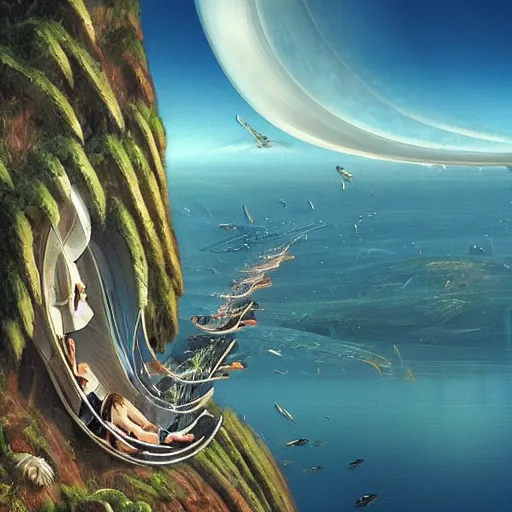 Prompt: beautiful portrait of bamboo living pods shaped like a sea shell built on the side of a cliff, the time machine, sky shuttle, spaceship by john berkey, panoramic view, ssci - fi, futuristic valley, rendered in octane, rendered in cinema 4 d, art by artgerm, artwork by peter gric and brian froud and esao andrews and david hardy