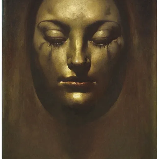 Image similar to The waist-high portrait of beautiful woman with closed eyes in steel full-face occult mask by Ilya Repin, William Blake, Michelangelo da Caravaggio and Beksinski, medium shot, grisaille, highly detailed oil painting, 4k, masterpiece