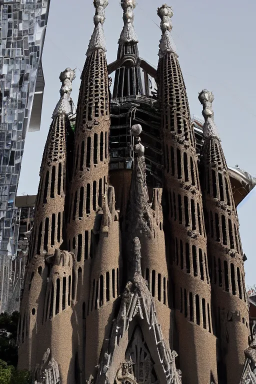 Prompt: A building that is a mix of La Sagrada Familia and The Empire State building, by Antoni Gaudi, CG Society