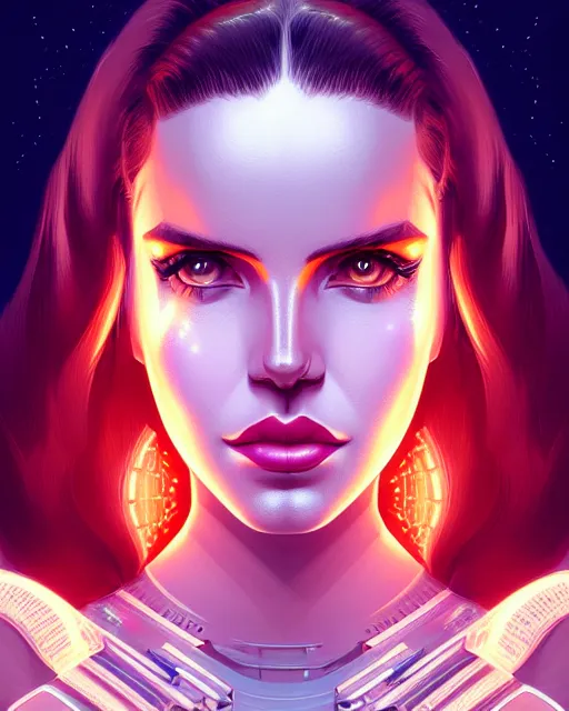 Prompt: symmetry portrait of lana del rey cyborg, glam, deco, glowing intricate, elegant, highly detailed, digital painting, artstation, concept art, smooth, sharp focus, illustration, art by artgerm and greg rutkowski and fra angelico and unreal engine 5