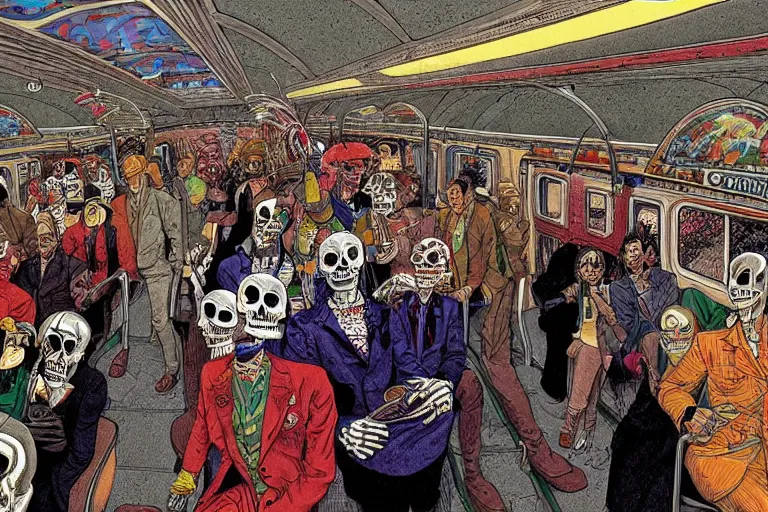 Image similar to scene from interior of a subway car, lunch, day of all the dead, skeletons, artwork by jean giraud